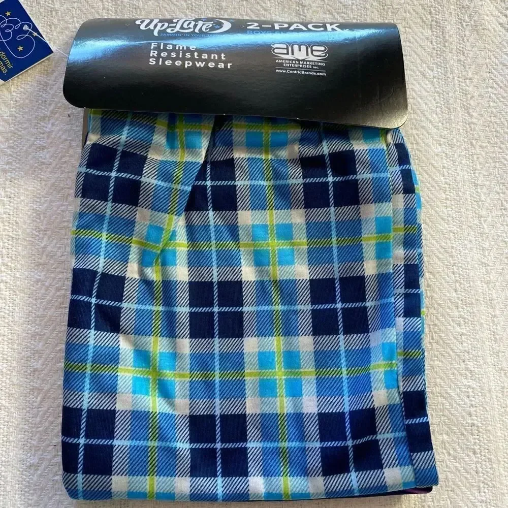 UP-LATE Boys Medium (6/8) 2-Pack All Day Sleep Shorts -Shark and Plaid  Prints